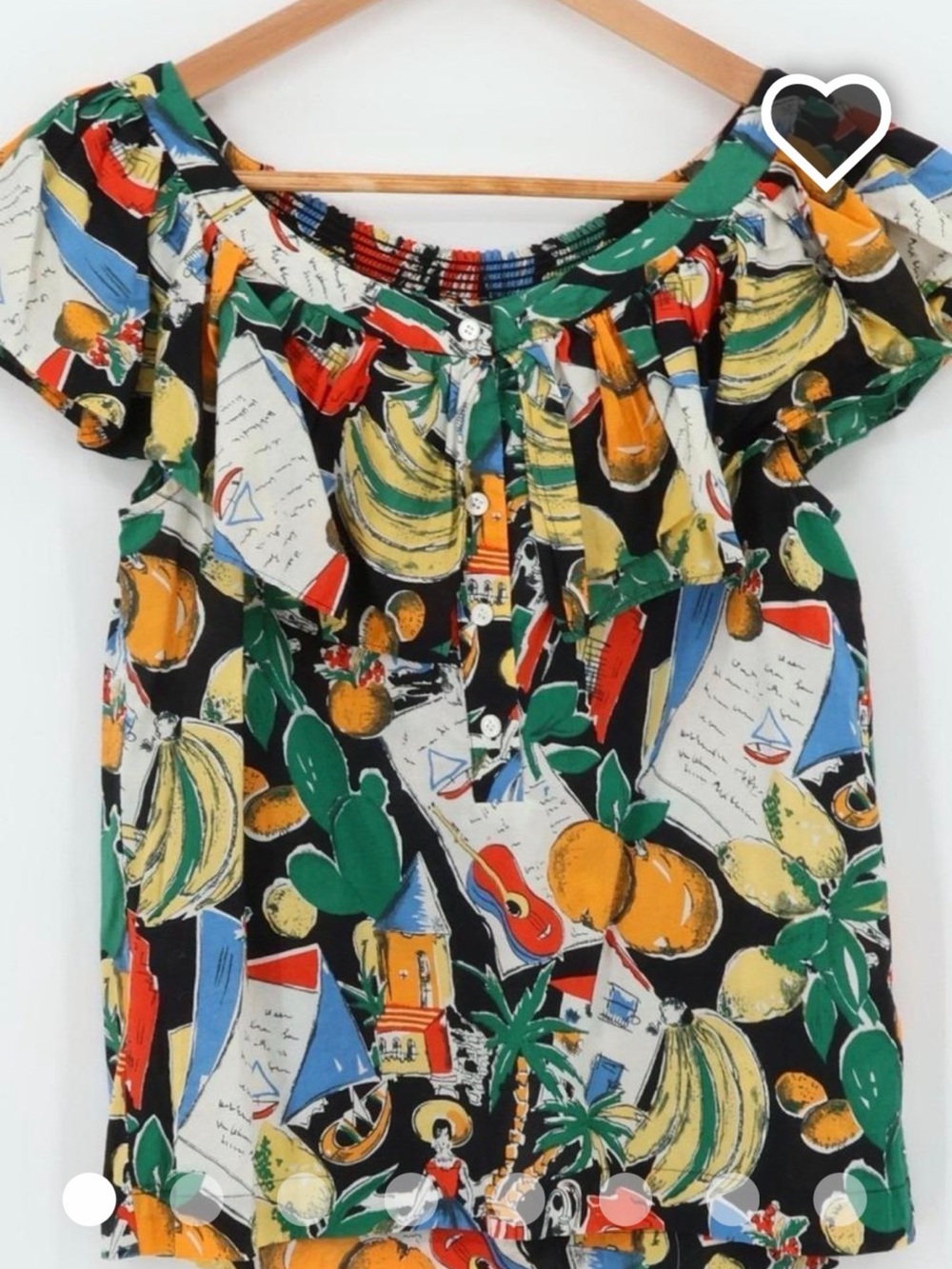 J. Crew Black Tropical Fruit Print Off-Shoulder Blouse postcard size 10/12